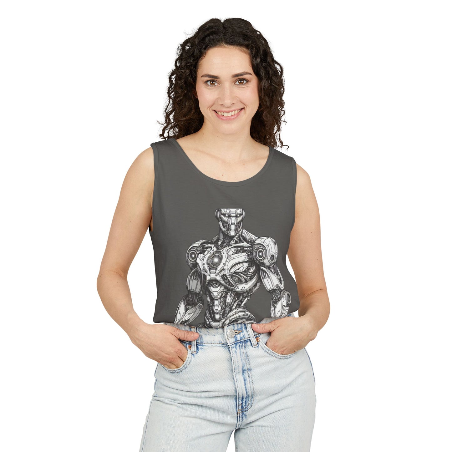 Robot Design Unisex Tank Top, Casual Summer Wear, Gift for Tech Lovers, Gym Apparel, Graphic Tee Alternative