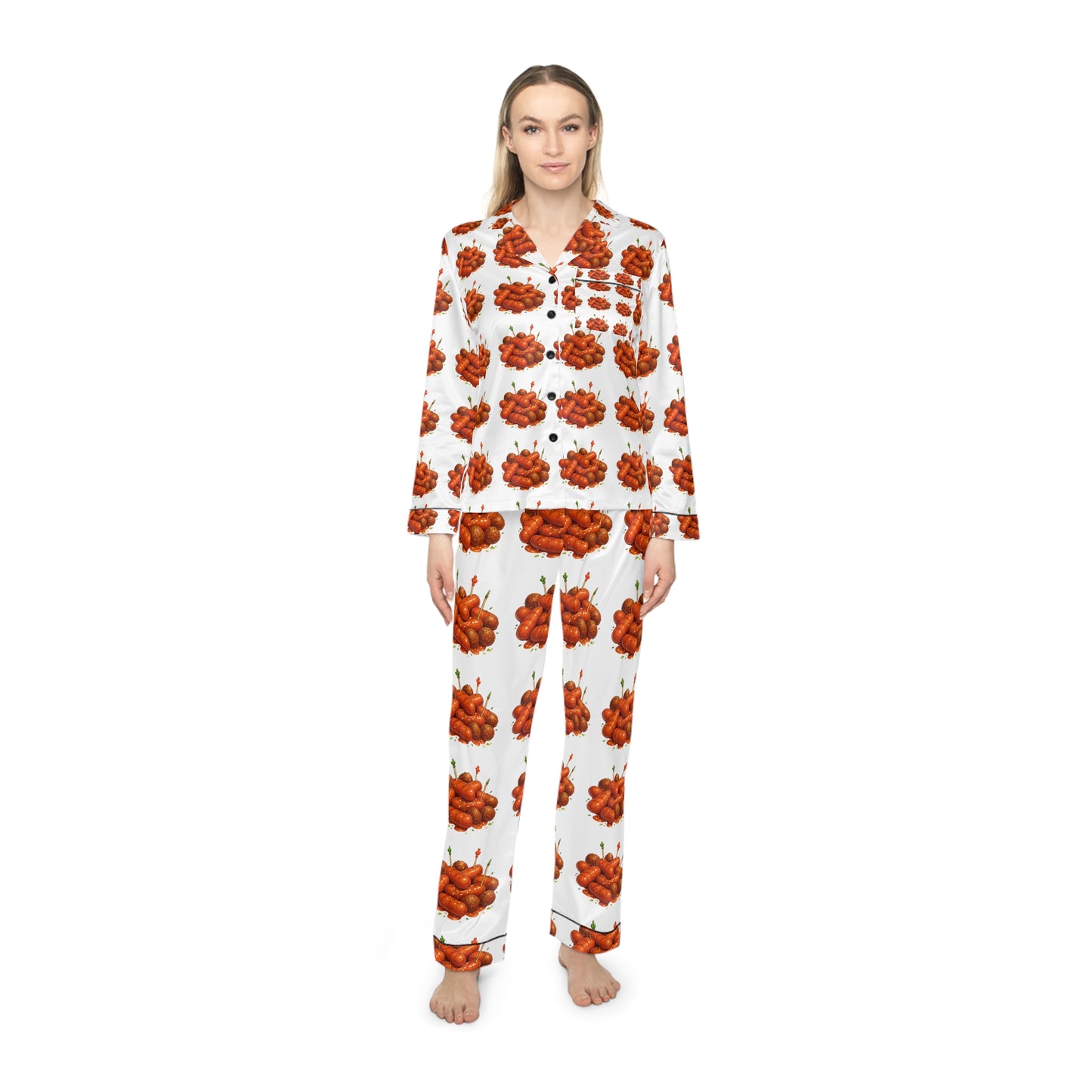 Satin Pajama Set - Cocktail Wiener and Meatball Print